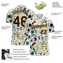 Load image into Gallery viewer, Custom Graffiti Pattern Navy White Teal-Gold Vibrant Multi-Color Abstract Splatter Performance Polo Shirt