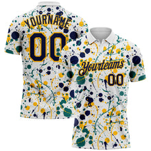 Load image into Gallery viewer, Custom Graffiti Pattern Navy White Teal-Gold Vibrant Multi-Color Abstract Splatter Performance Polo Shirt