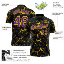 Laden Sie das Bild in den Galerie-Viewer, Custom Black Purple-Gold 3D Pattern Abstract Network Crackle Performance Polo Shirt