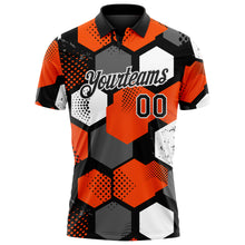 Laden Sie das Bild in den Galerie-Viewer, Custom Orange Black Gray-White Modern Geometric Tech Hexagon Grid Performance Polo Shirt