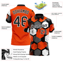 Laden Sie das Bild in den Galerie-Viewer, Custom Orange Black Gray-White Modern Geometric Tech Hexagon Grid Performance Polo Shirt
