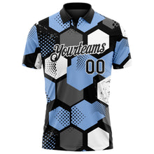 Laden Sie das Bild in den Galerie-Viewer, Custom Light Blue Black Gray-White Modern Geometric Tech Hexagon Grid Performance Polo Shirt