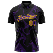 Load image into Gallery viewer, Custom Black Purple-Yellow 3D Pattern Abstract Fluid Swirl Line Performance Polo Shirt