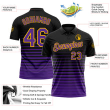 Laden Sie das Bild in den Galerie-Viewer, Custom Black Purple-Gold Horizontal Gradient Stripe Performance Polo Shirt