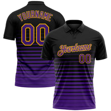 Laden Sie das Bild in den Galerie-Viewer, Custom Black Purple-Gold Horizontal Gradient Stripe Performance Polo Shirt