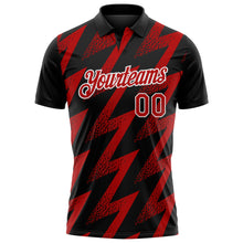 Laden Sie das Bild in den Galerie-Viewer, Custom Black Red-White Geometric Zigzag Shape Lightning Performance Polo Shirt