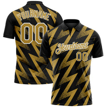 Laden Sie das Bild in den Galerie-Viewer, Custom Black Old Gold-White Geometric Zigzag Shape Lightning Performance Polo Shirt