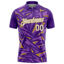 Load image into Gallery viewer, Custom Purple White Medium Purple-Old Gold Cyber Mecha E-sport Geometric Shards Spike Performance Polo Shirt