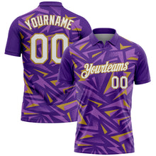 Load image into Gallery viewer, Custom Purple White Medium Purple-Old Gold Cyber Mecha E-sport Geometric Shards Spike Performance Polo Shirt