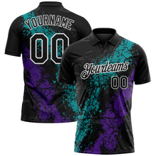 Laden Sie das Bild in den Galerie-Viewer, Custom Black Teal Purple-White Dripping Splatter Cracked Texture Performance Polo Shirt