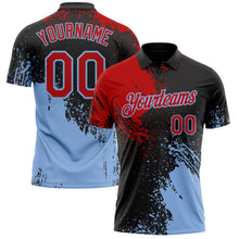 Load image into Gallery viewer, Custom Black Red-Light Blue Distressed Scratch Brush Stroke Performance Polo Shirt