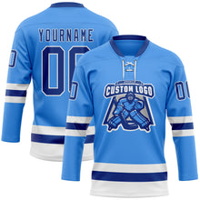 Laden Sie das Bild in den Galerie-Viewer, Custom Sky Blue Royal-White Hockey Lace Neck Jersey