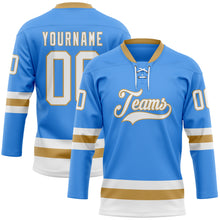 Load image into Gallery viewer, Custom Sky Blue White-Old Gold Hockey Lace Neck Jersey