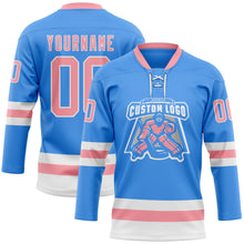 Загрузить изображение в средство просмотра галереи, Custom Sky Blue Medium Pink-White Hockey Lace Neck Jersey