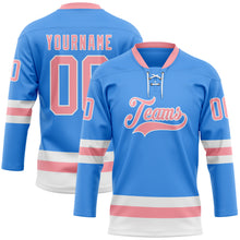 Загрузить изображение в средство просмотра галереи, Custom Sky Blue Medium Pink-White Hockey Lace Neck Jersey