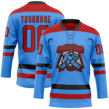Load image into Gallery viewer, Custom Sky Blue Red-Black Hockey Lace Neck Jersey