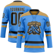 Load image into Gallery viewer, Custom Sky Blue Black-Old Gold Hockey Lace Neck Jersey