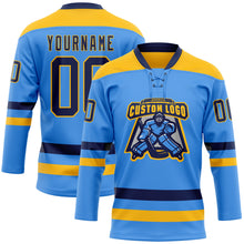 Load image into Gallery viewer, Custom Sky Blue Navy-Gold Hockey Lace Neck Jersey