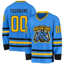Load image into Gallery viewer, Custom Powder Blue Gold-Black Hockey Jersey
