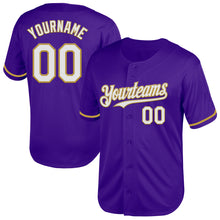 Load image into Gallery viewer, Custom Purple White-Old Gold Mesh Authentic Throwback Baseball Jersey