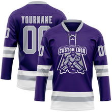 Charger l'image dans la galerie, Custom Purple Gray-White Hockey Lace Neck Jersey