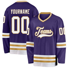 Load image into Gallery viewer, Custom Purple White-Old Gold Hockey Jersey
