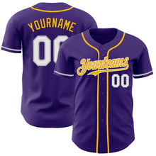 Load image into Gallery viewer, Custom Purple White Gray-Gold Authentic Baseball Jersey