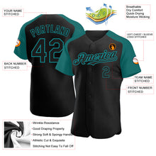 Load image into Gallery viewer, Custom Black Teal Authentic Raglan Sleeves Baseball Jersey