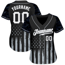 Laden Sie das Bild in den Galerie-Viewer, Custom Black White-Gray Camo Raglan Sleeves American Flag Patriotic Authentic Baseball Jersey