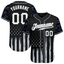 Laden Sie das Bild in den Galerie-Viewer, Custom Black White-Gray Camo Raglan Sleeves American Flag Patriotic Authentic Baseball Jersey