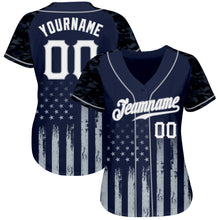 Charger l'image dans la galerie, Custom Navy White-Gray Camo Raglan Sleeves American Flag Patriotic Authentic Baseball Jersey