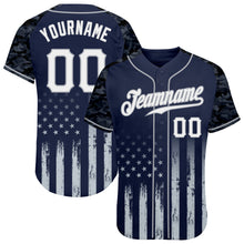 Charger l'image dans la galerie, Custom Navy White-Gray Camo Raglan Sleeves American Flag Patriotic Authentic Baseball Jersey