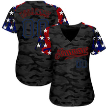 Laden Sie das Bild in den Galerie-Viewer, Custom Camo Black Royal-Red American Flag Star Raglan Sleeves Patriotic Authentic Baseball Jersey