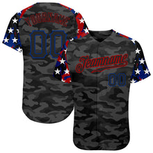 Laden Sie das Bild in den Galerie-Viewer, Custom Camo Black Royal-Red American Flag Star Raglan Sleeves Patriotic Authentic Baseball Jersey