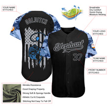 Загрузить изображение в средство просмотра галереи, Custom Black Gray American Flag Patriotic Camo Raglan Sleeves Fishing Authentic Baseball Jersey