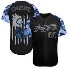 Загрузить изображение в средство просмотра галереи, Custom Black Gray American Flag Patriotic Camo Raglan Sleeves Fishing Authentic Baseball Jersey