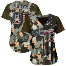 Load image into Gallery viewer, Custom Camo Vintage USA Flag Olive Gray-Black Patriotic Raglan Sleeves Authentic Baseball Jersey