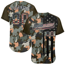 Load image into Gallery viewer, Custom Camo Vintage USA Flag Olive Gray-Black Patriotic Raglan Sleeves Authentic Baseball Jersey