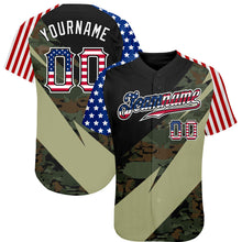 Laden Sie das Bild in den Galerie-Viewer, Custom Camo USA Flag Red Blue Black-White Patriotic Stars & Stripes Raglan Sleeves Authentic Baseball Jersey