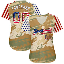Charger l'image dans la galerie, Custom Camo USA Flag Cream-Brown Patriotic Desert Camouflage Stars & Stripes Raglan Sleeves Authentic Baseball Jersey