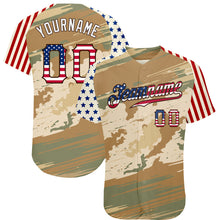 Charger l'image dans la galerie, Custom Camo USA Flag Cream-Brown Patriotic Desert Camouflage Stars & Stripes Raglan Sleeves Authentic Baseball Jersey