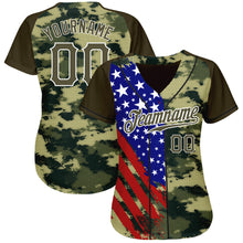 Load image into Gallery viewer, Custom Camo Olive Red Blue Black-White American Flag Side Stripe Patriotic Digital Woodland Camouflage Raglan Sleeves Authentic Baseball Jersey