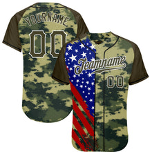 Load image into Gallery viewer, Custom Camo Olive Red Blue Black-White American Flag Side Stripe Patriotic Digital Woodland Camouflage Raglan Sleeves Authentic Baseball Jersey