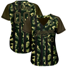 Load image into Gallery viewer, Custom Camo Olive-Black Distressed American Flag Patriotic Raglan Sleeves Authentic Baseball Jersey