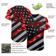 Загрузить изображение в средство просмотра галереи, Custom Black Red American Flag Patriotic Camo Raglan Sleeves Authentic Baseball Jersey