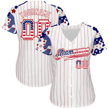 Laden Sie das Bild in den Galerie-Viewer, Custom White Red Pinstripe USA Flag-Blue Patriotic Stars & Stripes Raglan Sleeves Authentic Baseball Jersey