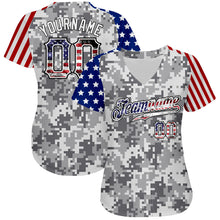 Load image into Gallery viewer, Custom Camo USA Flag Red Blue Black-White Patriotic Pixel Camouflage Stars & Stripes Raglan Sleeves Authentic Baseball Jersey