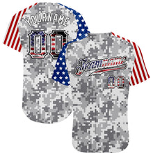 Load image into Gallery viewer, Custom Camo USA Flag Red Blue Black-White Patriotic Pixel Camouflage Stars & Stripes Raglan Sleeves Authentic Baseball Jersey