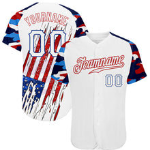 Загрузить изображение в средство просмотра галереи, Custom White Red-Royal Patriotic American Flag Camo Raglan Sleeves Authentic Baseball Jersey