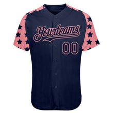 Charger l'image dans la galerie, Custom Navy Medium Pink Star Raglan Sleeves Authentic Baseball Jersey